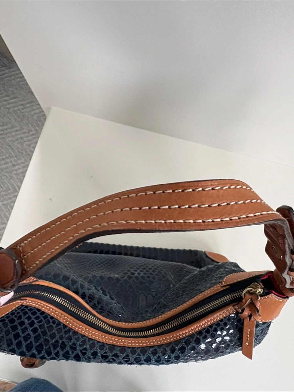 Dooney & Bourke Navy Croc-Embossed Shoulder Bag with Tan Trim